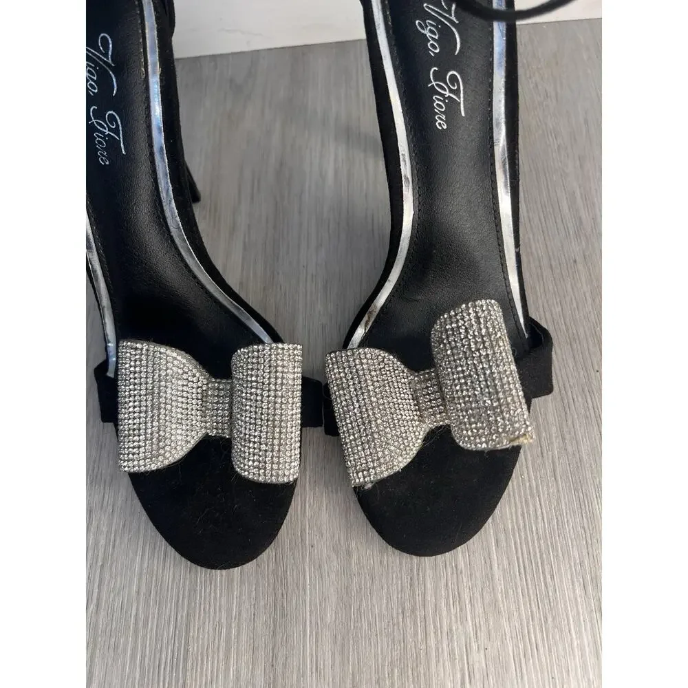 Liliana Mixie 1 Black Suede High Heel with Rhinestone Bow Size 7